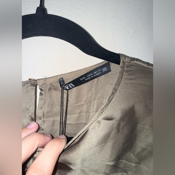 Zara Pleated Beaded Cut Out Satin Dress in Khaki/Sage Green NWT Size Medium - Picture 10 of 12